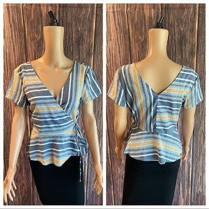 Hiatus size small medium blue white & orange stripped wrap summer top blouse